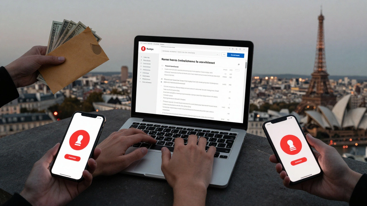 Anonymous hands handling money, a rental listing, and an emergency app in city lights.