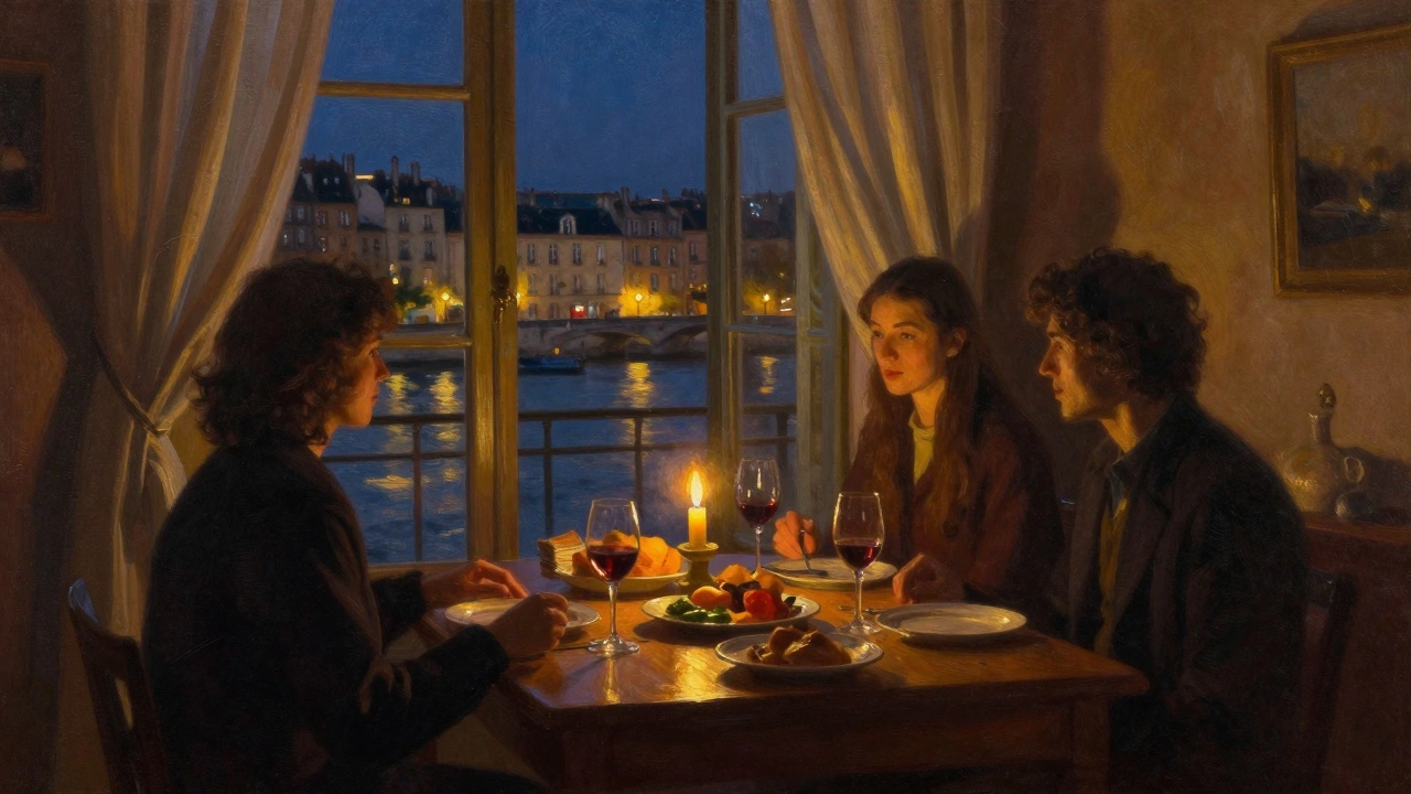 Candlelit dinner in a Lyon apartment with views of the Saône River at night, warm and intimate atmosphere.