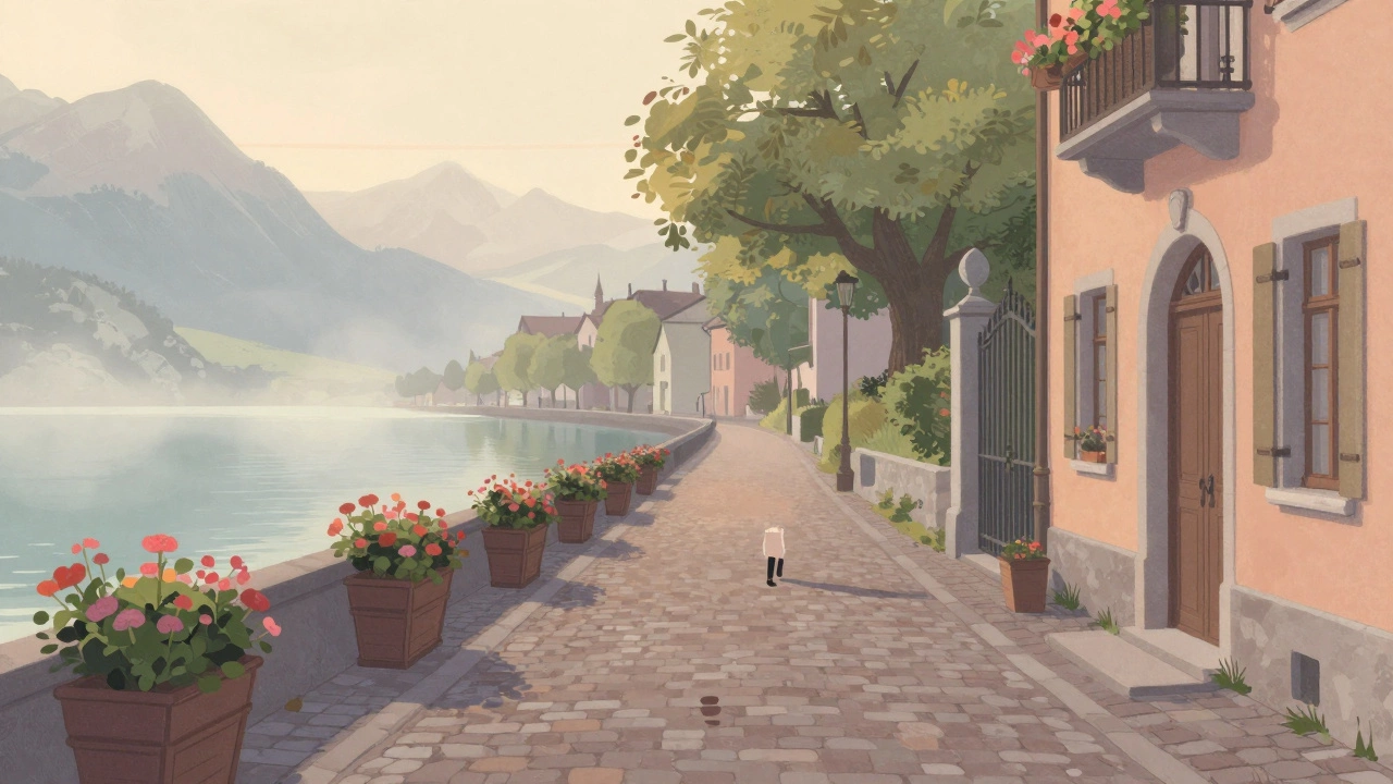 Empty quiet street in Annecy at dawn, footsteps leading to a hidden courtyard, mist rising from the lake.